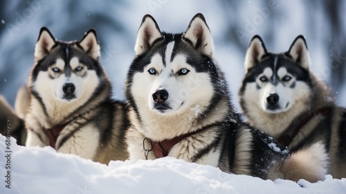 A group of huskies in a moment of rest during a snow-covered sled dog race  their endurance and strength on display in the wintery competition.