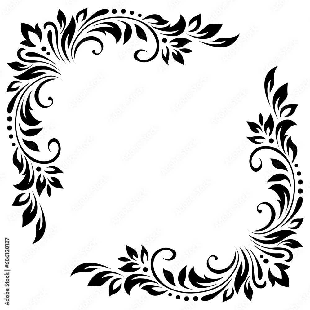 Abstract pattern, decorative element, clip art with stylized leaves, flowers and curls in black lines on white background. Corner vintage ornament, border, frame