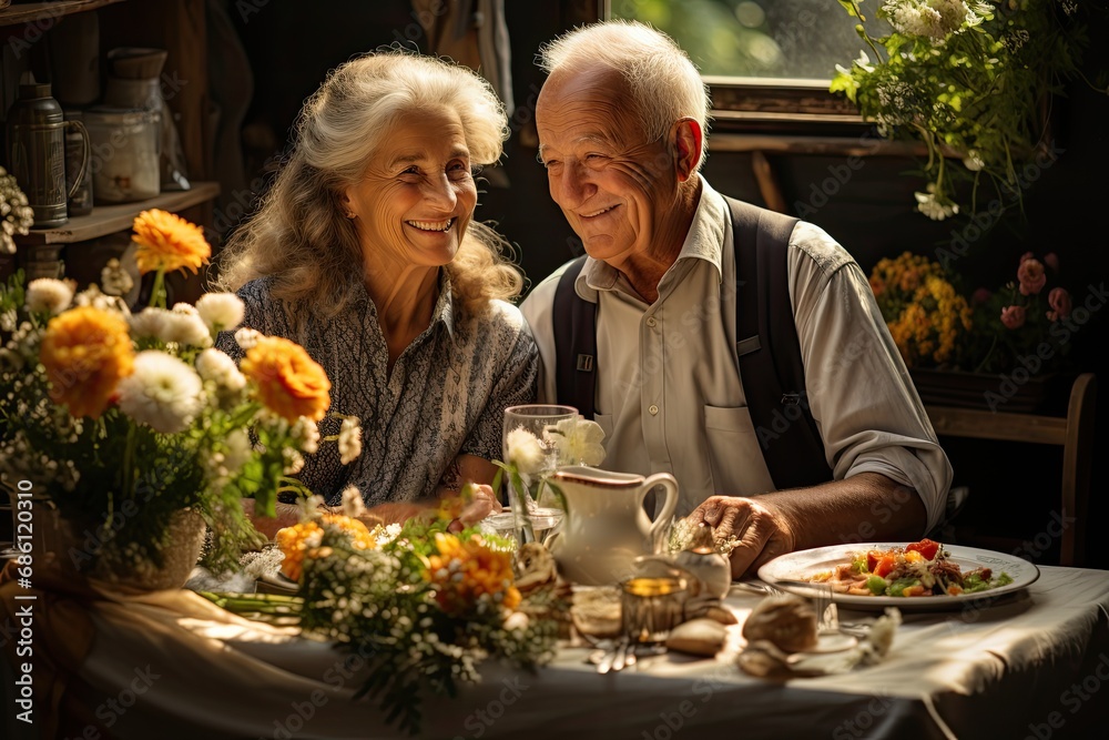 Smiling senior couple have breakfast Smiling senior couple have breakfast
