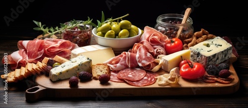 Traditional Spanish tapas featuring cured meat, cheese, and spicy olives served on a wooden board. Includes ham, salami, and goat cheese. photo