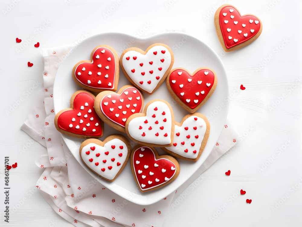 Decorated red heart shaped sugar cookies with icing on a plate , white background top view Decorated red heart shaped sugar cookies with icing on a plate , white background top view