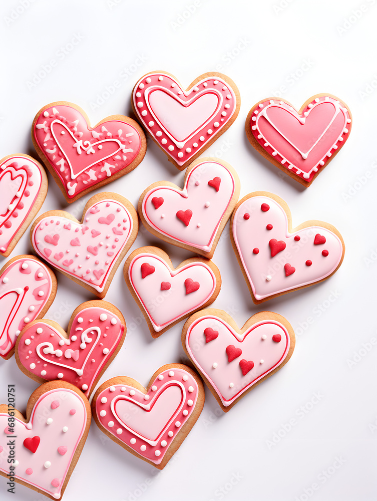 Decorated heart shaped sugar cookie with pink glaze and hearts, white background top view Decorated heart shaped sugar cookie with pink glaze and hearts, white background top view
