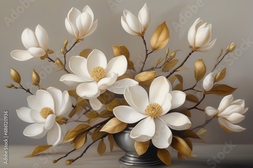 3D Futuristic Vase with Gold and White Flowers - Contemporary Floral Artistry. Generative AI.
