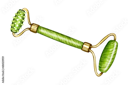 Gua Sha jade scraper massage tool. Natural stone scraper and green stone roller in different shapes. Beauty skin care tool, watercolor illustration for web, blog, social media.