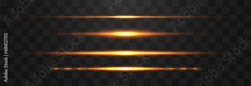 Set of horizontal lens flares. Abstract lights lines on png. Vector laser beams. Glowing streaks on dark background. Luminous neon lines isolated on trasparent backgound