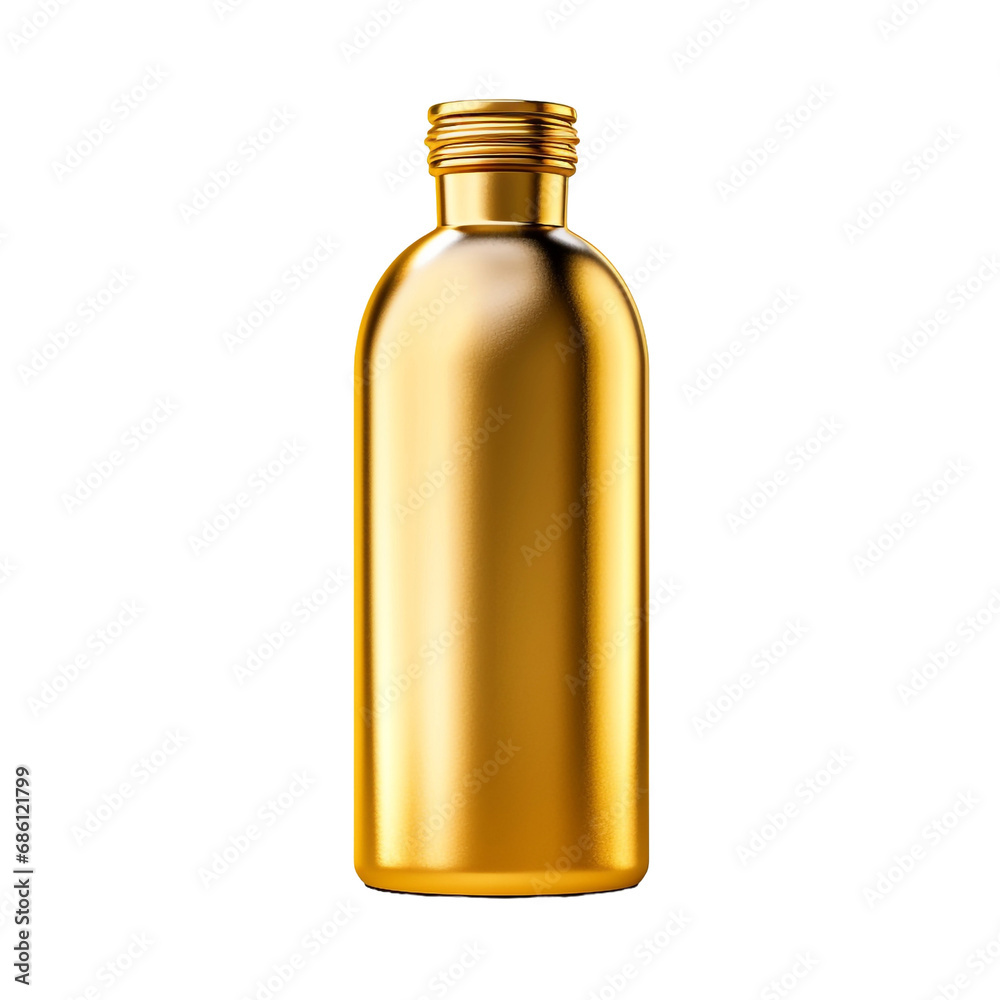 A bottle of gold color is shown isolated on transparent background A bottle of gold color is shown isolated on transparent background