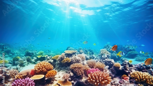 Underwater view of a colorful sea coral reef with fishes. Ocean ecosystem. Generative AI © AngrySun