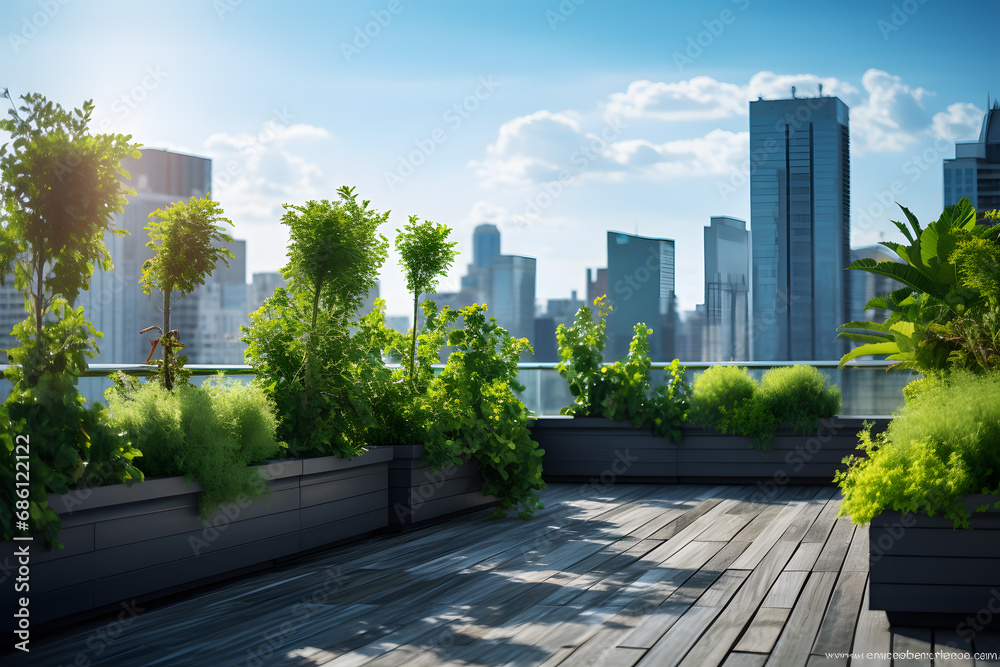 Teracce of a moder building with green plants on the roof ai generated art. Teracce of a moder building with green plants on the roof ai generated art.