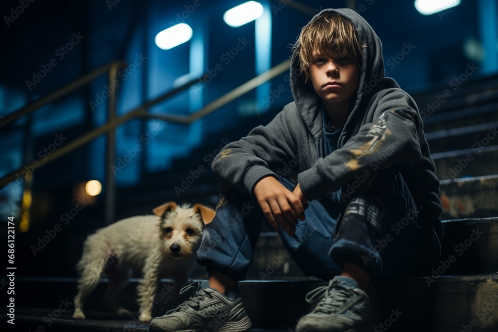 Obraz premium Homeless boy sitting on the stairs outdoor at night. There's a stray dog next to the boy. are saddened and frustrated with life. made picture to the concept