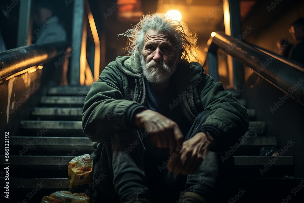 Homeless old Man sitting on the stairs outdoor at night are saddened and frustrated with life. made picture to the concept