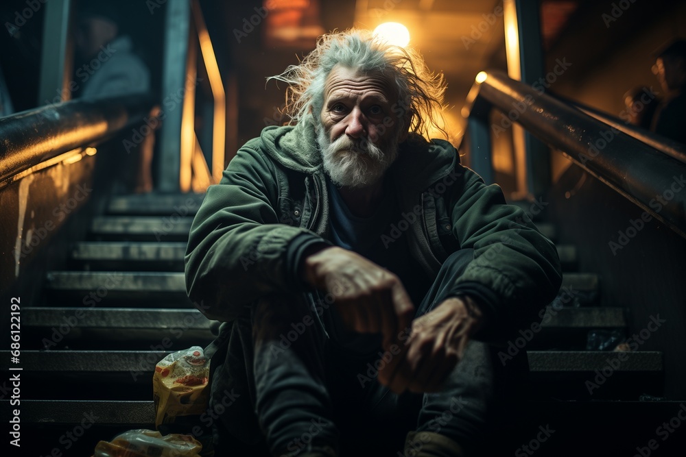 Obraz premium Homeless old Man sitting on the stairs outdoor at night are saddened and frustrated with life. made picture to the concept