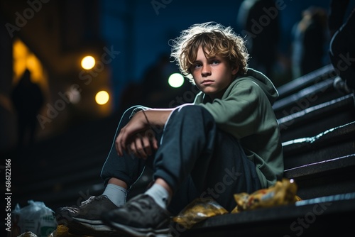 Homeless boy sitting on the stairs outdoor at night, there's food on the steps next to it. Are saddened and frustrated with life. made picture to the concept © Tetiana