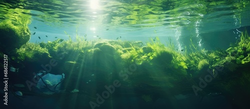 Submerged underwater with sunlit green backdrop.