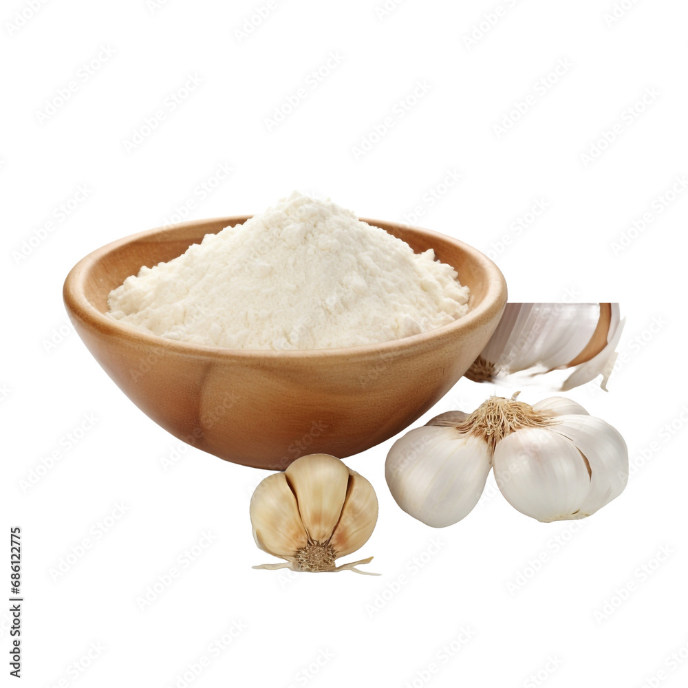A bowl of flour and a bowl of garlic on a checkered isolated on transparent background A bowl of flour and a bowl of garlic on a checkered isolated on transparent background