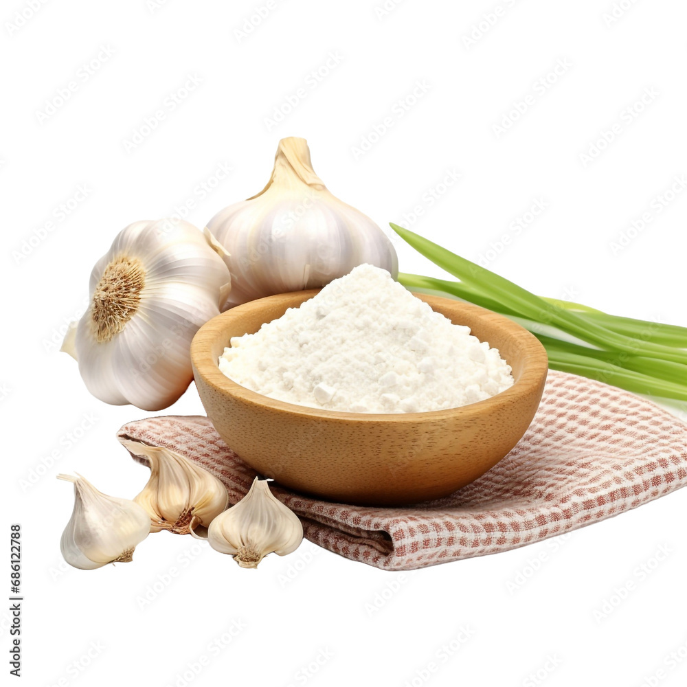 A bowl of flour and a bowl of garlic on a checkered isolated on transparent background A bowl of flour and a bowl of garlic on a checkered isolated on transparent background