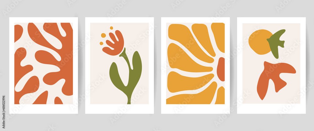 Set of abstract cover background inspired by matisse. Plants, leaf, flower, bird colorful in hand drawn style.
