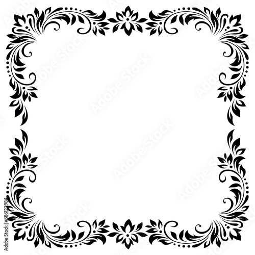 Square vintage frame, border of stylized leaves, flowers and curls in black lines on white background. Retro, victorian style. Vector background, wallpaper, card