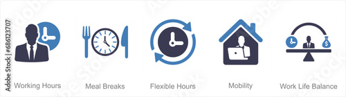 A set of 5 Employee Benefits icons as working hours, meal breaks, flexible hours