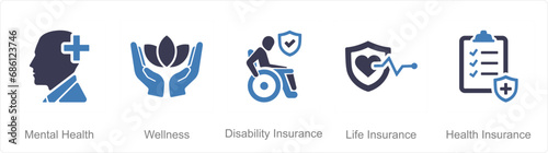A set of 5 Employee Benefits icons as mental health, wellness, disability insurance