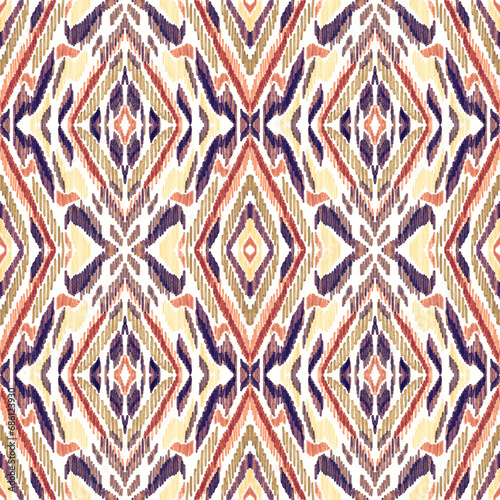 Colorful ikat pattern in vintage style. Elegant ethnic background. Hand drawn oriental art. Seamless geometric vintage texture.	 photo
