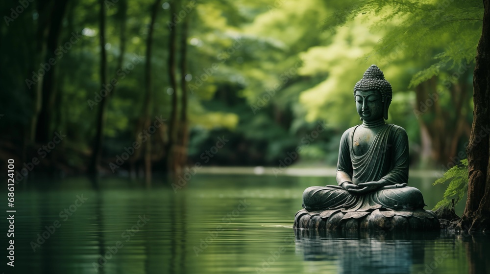 The Buddha statue is thoughtfully placed on the tranquil shore of the lake.