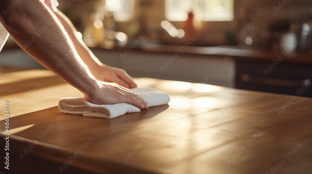 The image of the hand wipe the kitchen table with a rag. - obrazy, fototapety, plakaty 