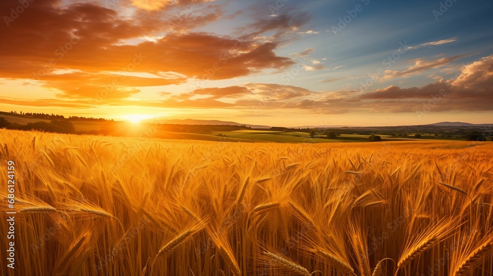 The image of the sunset and the golden wheat field extending to the horizon. The image of the sunset and the golden wheat field extending to the horizon.