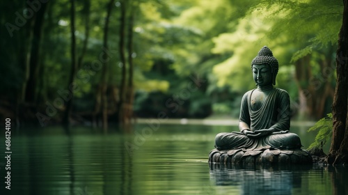 The Buddha statue is thoughtfully placed on the tranquil shore of the lake.