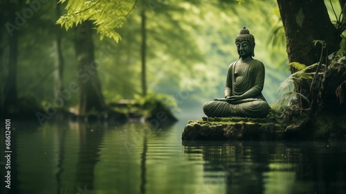 The Buddha statue is thoughtfully placed on the tranquil shore of the lake. © kept