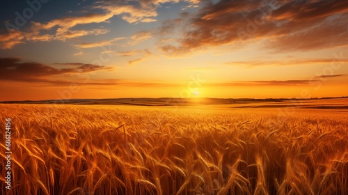 Fototapeta Naklejka Na Ścianę i Meble -  The image of the sunset and the golden wheat field extending to the horizon.