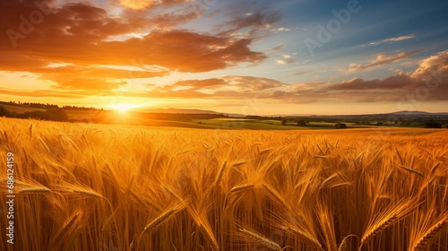 The image of the sunset and the golden wheat field extending to the horizon.