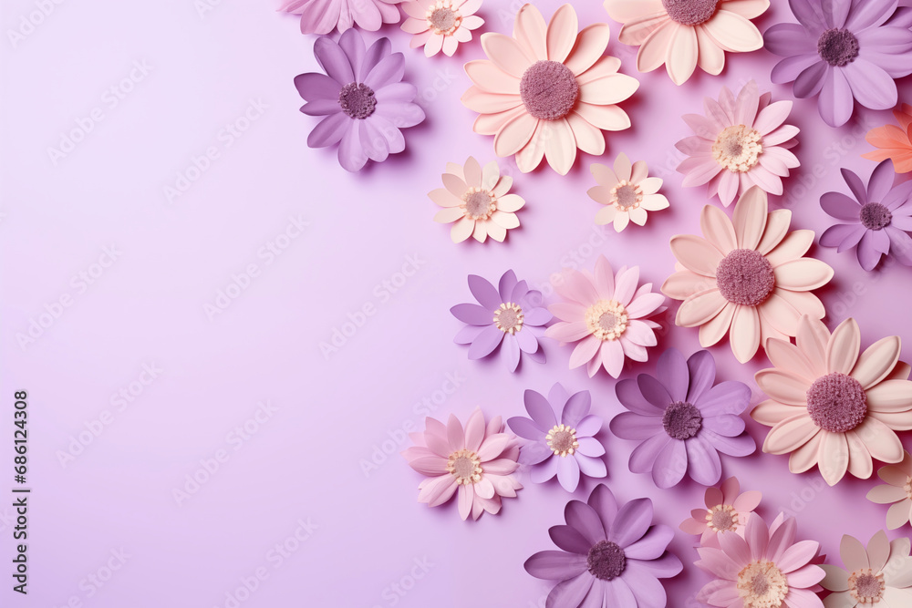 Beautiful flowers on lilac background. Greeting card with place for text.