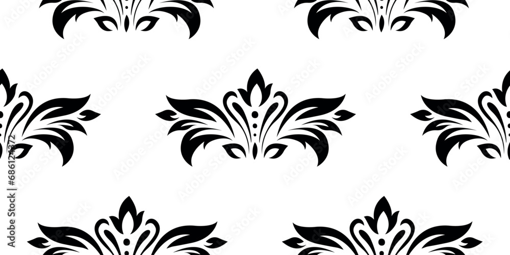 Vintage seamless plant pattern of black stylized leaves, flowers and curls on white background. Retro style. Vector backdrop, texture for victorian wallpapers, wrapping paper, fabric