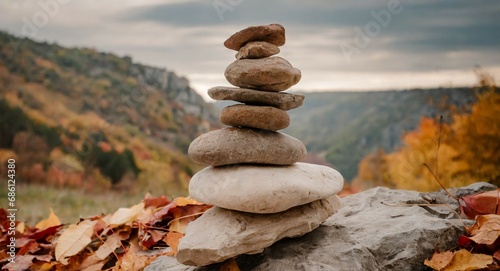 Stone tower in autumn, stones Balance, Natural stones under the autumn leafs