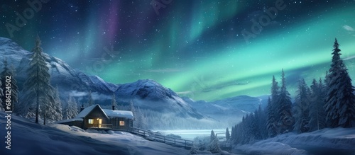 Stunning winter scene with wooden house in snowy mountains and aurora borealis in night sky.
