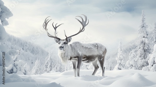 A regal reindeer majestically traversing a snowy wilderness, its large antlers symbolizing the grandeur of the winter season.