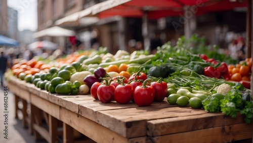 fresh vegetables on a wooden stand of a city market