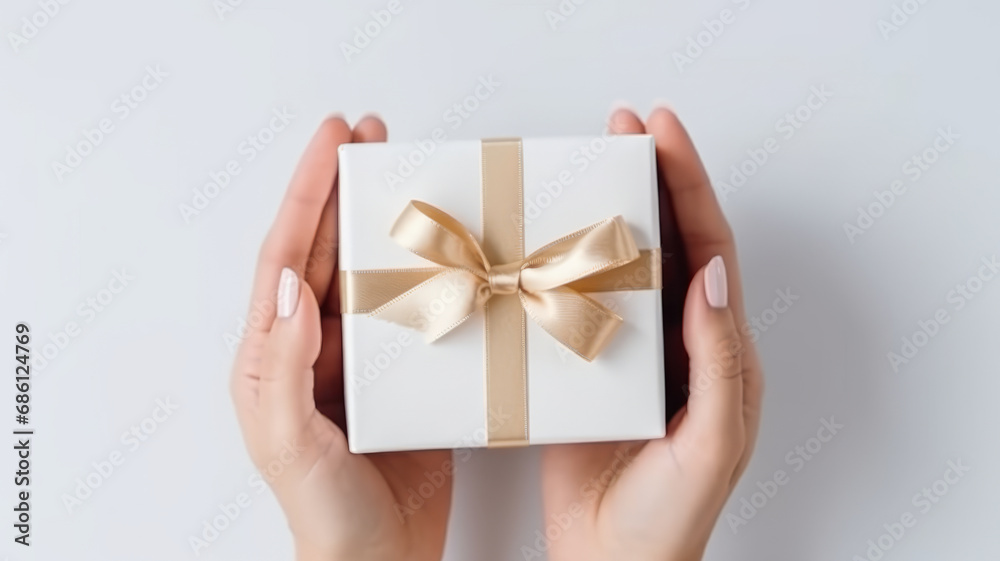 Photo female hands hold a small gift box on a white table background top view Photo female hands hold a small gift box on a white table background top view