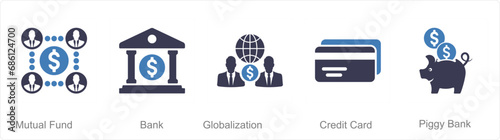 A set of 5 Finance icons as mutual funds, bank, globalization