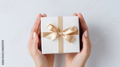 Photo female hands hold a small gift box on a white table background top view