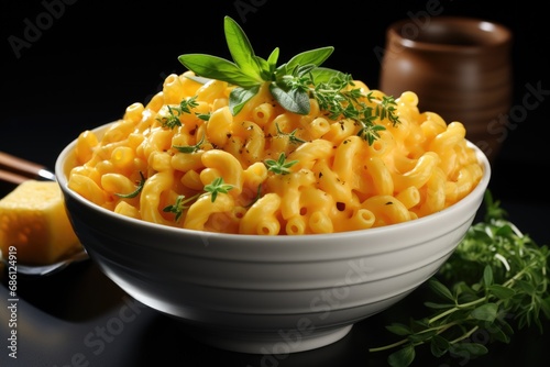 Mac and cheese in a white bowl on kitchen background