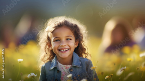 portrait of a beautiful little girl smiling at the camera on a green nature blurred background outdoors