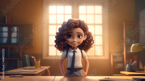 cartoon 3D illustration of schoolgirl in uniform posing in the classroom in the school