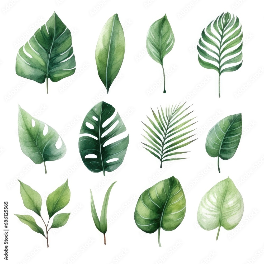 Fototapeta premium Set of watercolor tropical green leaves on white background. Generative AI