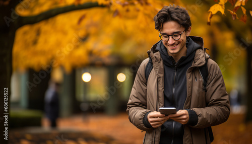 Young asian man, 20, smiling at phone in park © Suralai