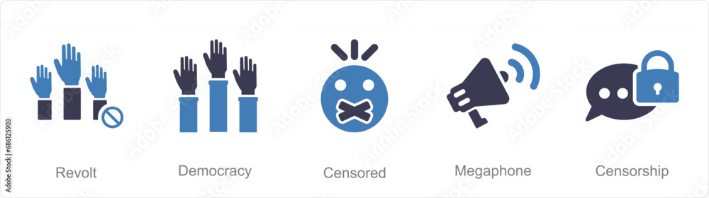 A set of 5 Freedom of Speech icons as revolt, democracy, censored