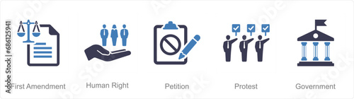 A set of 5 Freedom of Speech icons as first amendment, human right, petition
