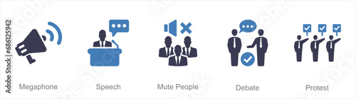 A set of 5 Freedom of Speech icons as megaphone, speech, mute people
