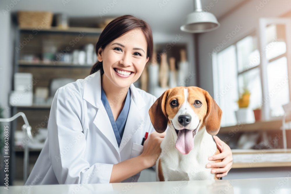 Portrait of a vet doctor with an adult beagle dog prior to making a check up at the veterinarian clinic. Smiling confident young veterinarian doctor. 