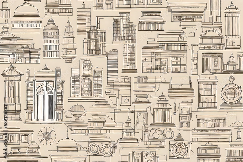 A collection of classic-style vector outlines.